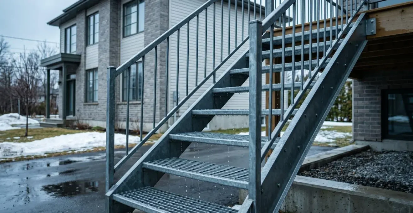 Vue latérale d'un escalier extérieur métallique avec pente de drainage correcte permettant l'écoulement de l'eau de pluie sans stagnation ni risque de glace